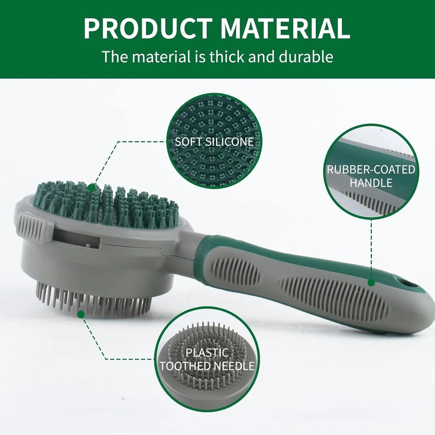 Green and pink two-sided pet grooming brush with retractable slicker and silicone massager