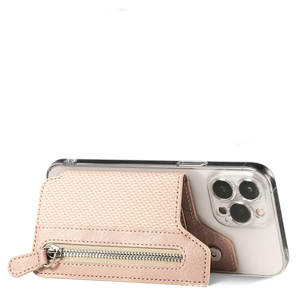 All-inclusive phone case with transparent TPU lens, PU card holder, and striped pattern for iPhone 13 Pro