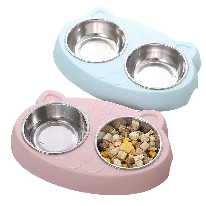 Macaron coloured plastic pet feeder tray with two bowls and a non-slip base.