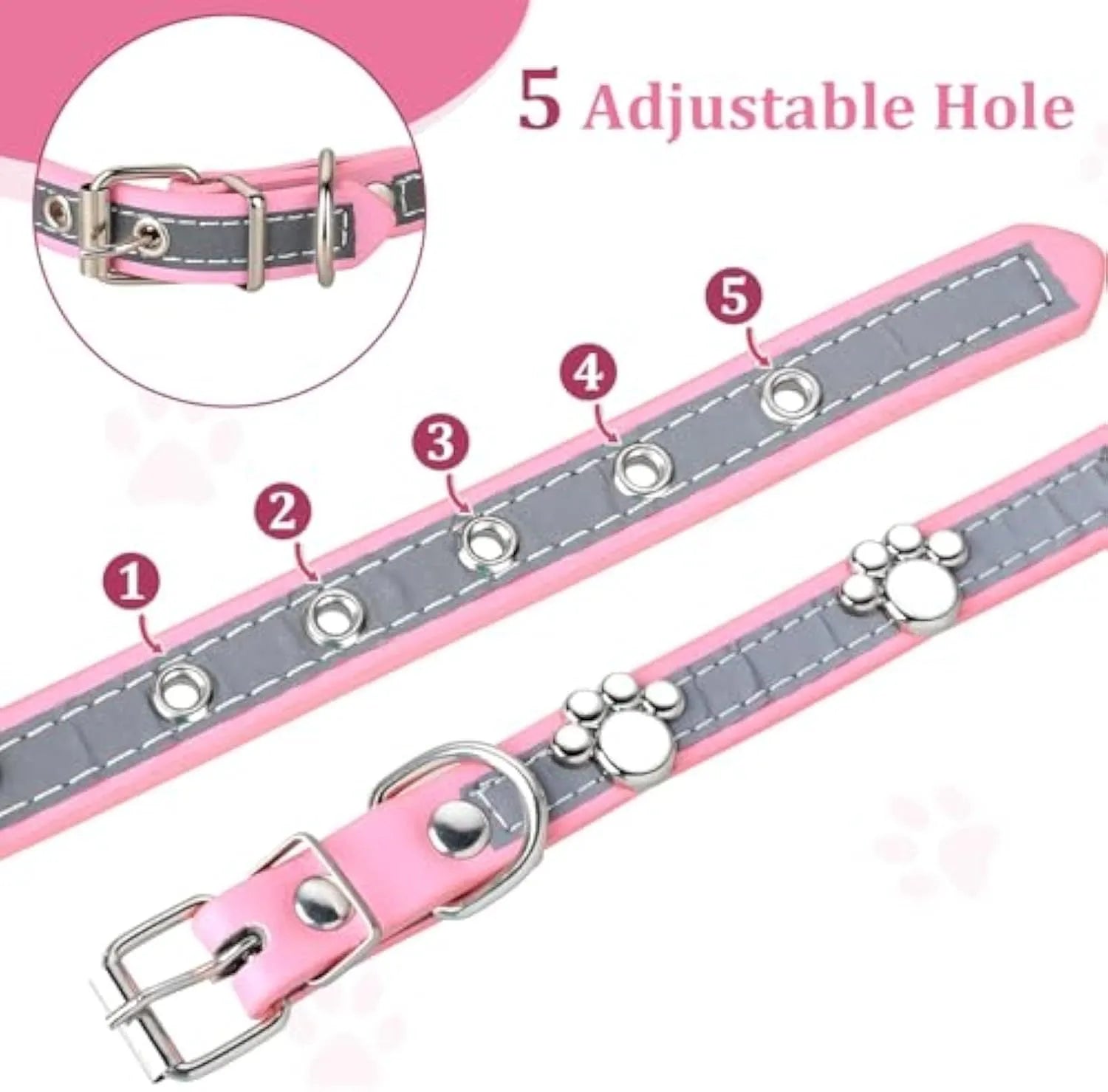 Reflective leather dog collar with paw-shaped rivets and adjustable metal buckle