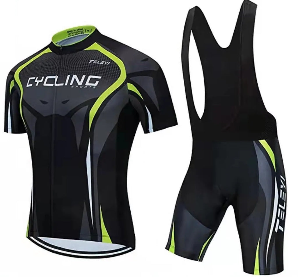 Moisture-wicking cycling jersey and pants set for summer mountain and road biking.