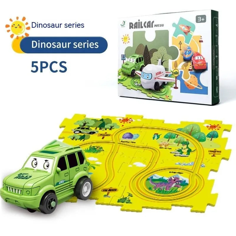 Children puzzle electric railroad speeder with automatic car and dinosaur-themed puzzle track pieces on floor