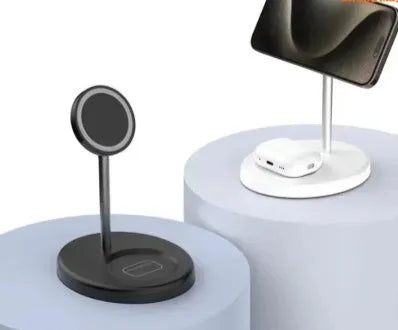 White vertical wireless charging stand for phone with visible cooling holes, showing phone charging in upright position.