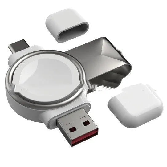 2-in-1 magnetic wireless charger for Apple Watch in white with USB and Type-C interfaces, compact and portable