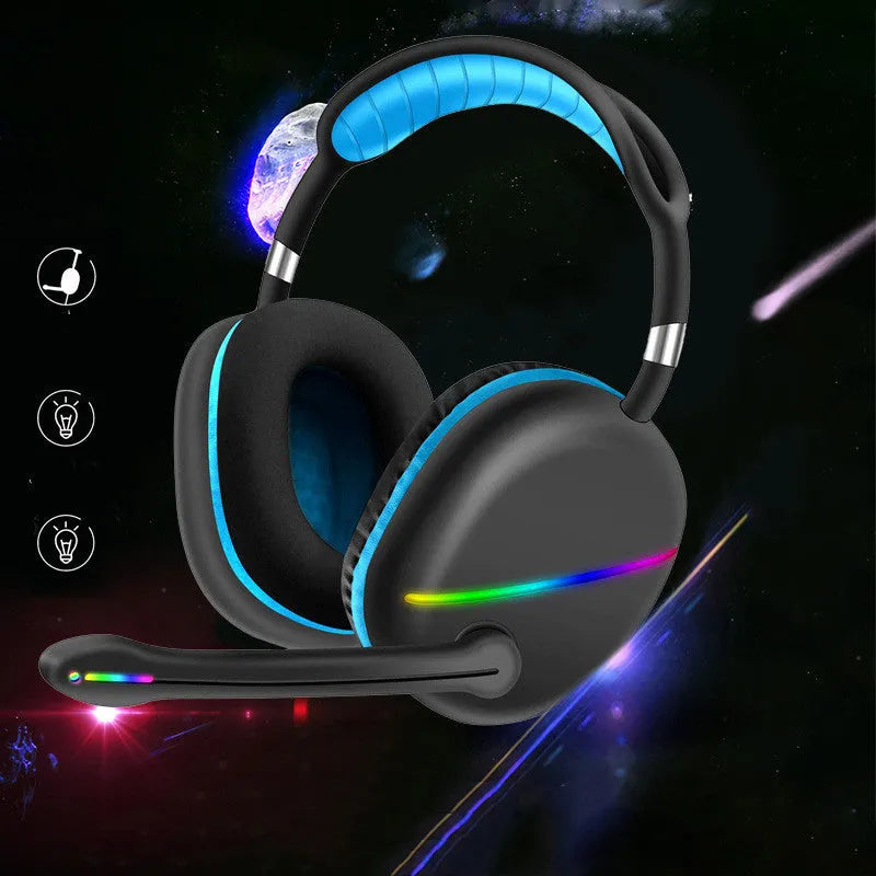 Wireless Bluetooth headset with RGB lighting effects in blue, pink, or red colours showing over-ear design
