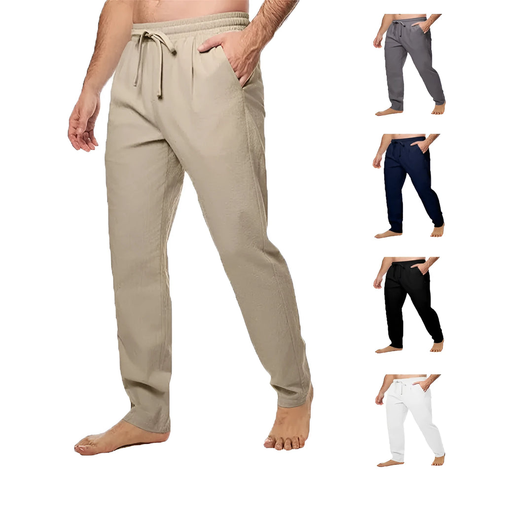 Men's cotton and linen trousers, loose straight leg, drawstring waist, summer breathable, five colours, M-5XL
