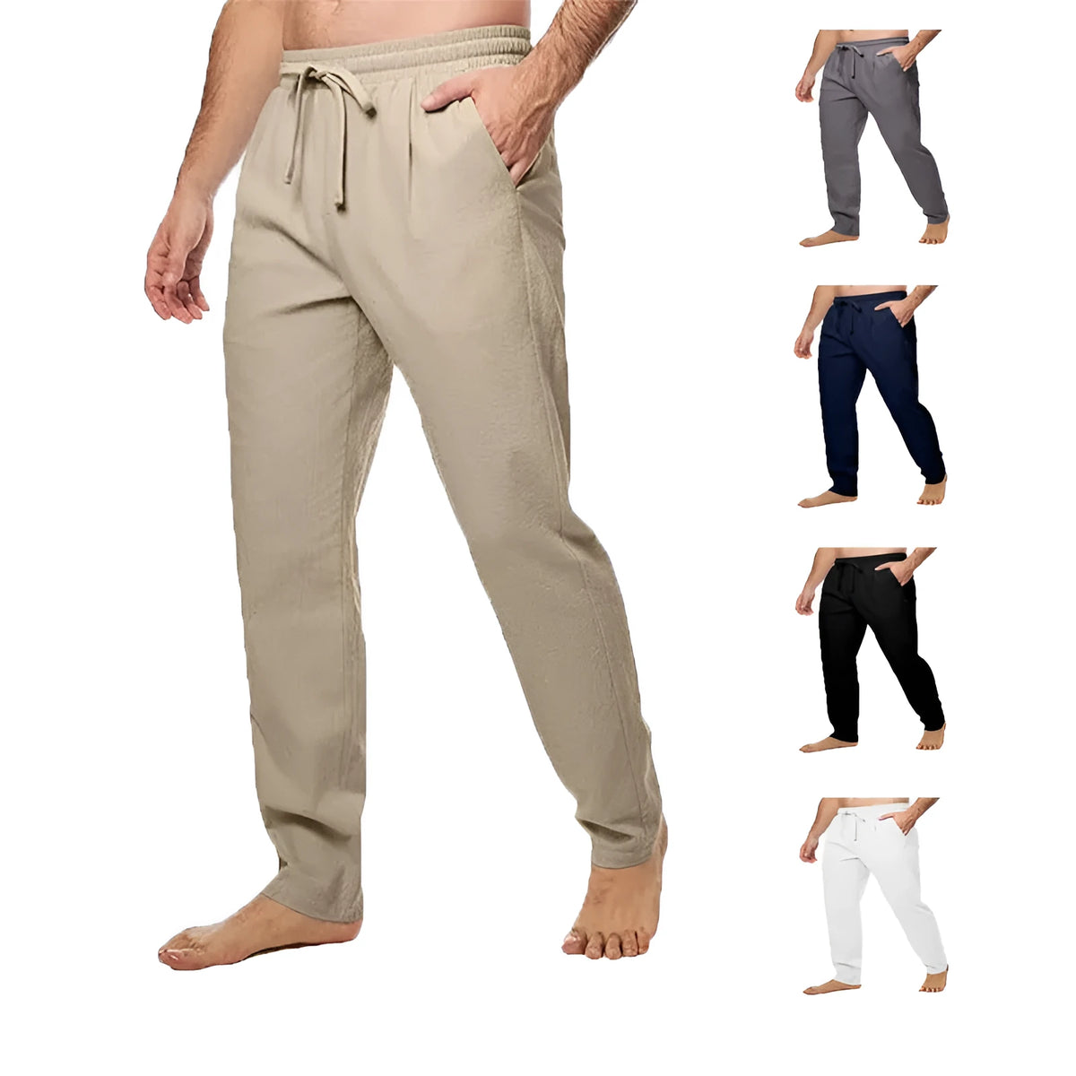 Men's cotton and linen trousers, loose straight leg, drawstring waist, summer breathable, five colours, M-5XL