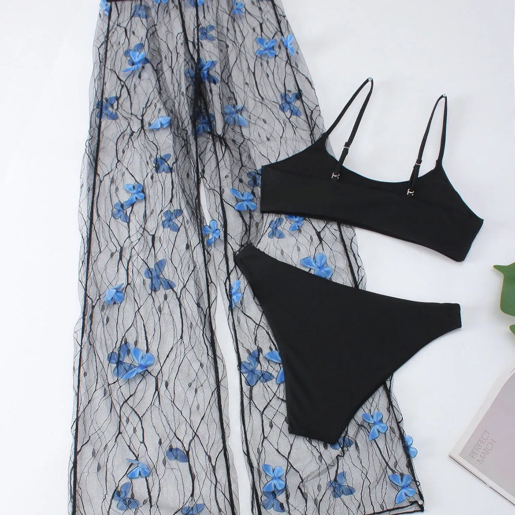 Black women's bikini three-piece set with transparent voile butterfly pattern