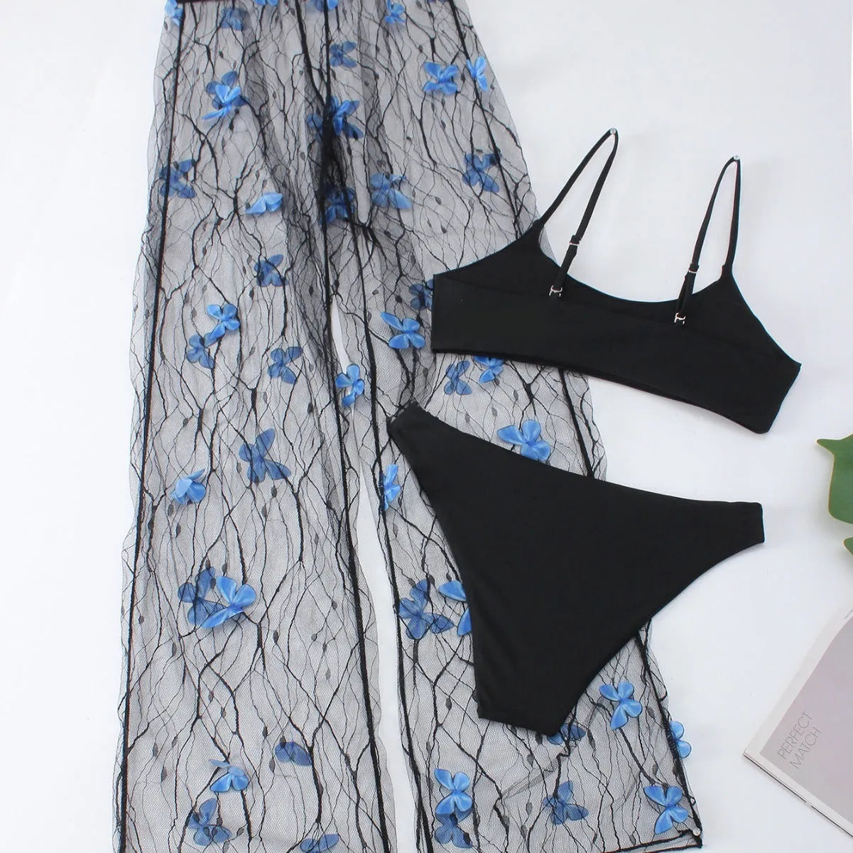 Black women's bikini three-piece set with transparent voile butterfly pattern