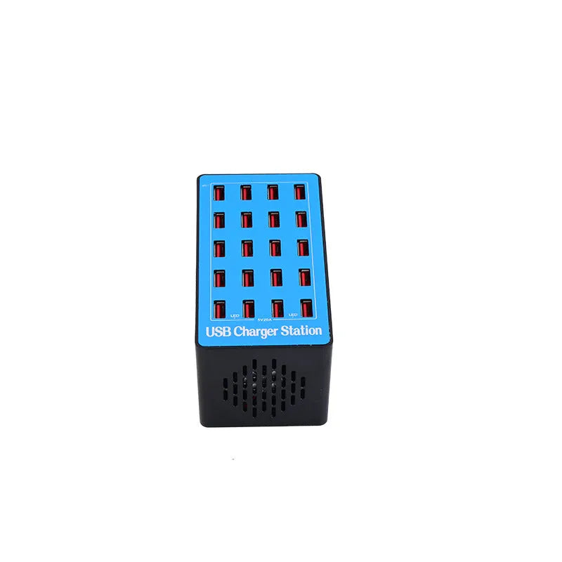 Blue 20-port USB charging station with PC ABS fire retardant housing and 100W total output