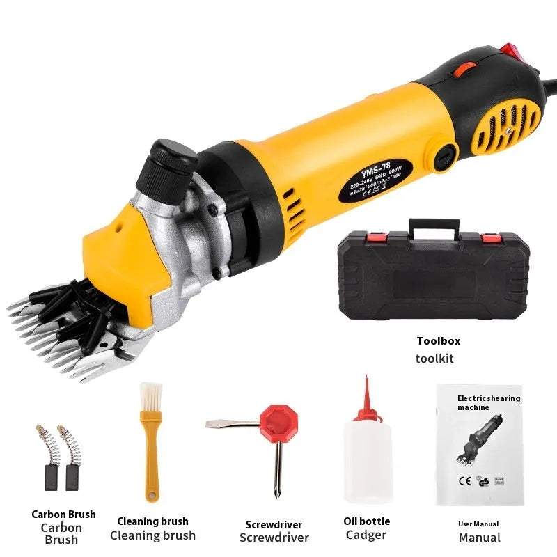 Yellow electric wool shearing machine with 13-tooth straight blade and accessory kit including multiple blades and maintenance tools