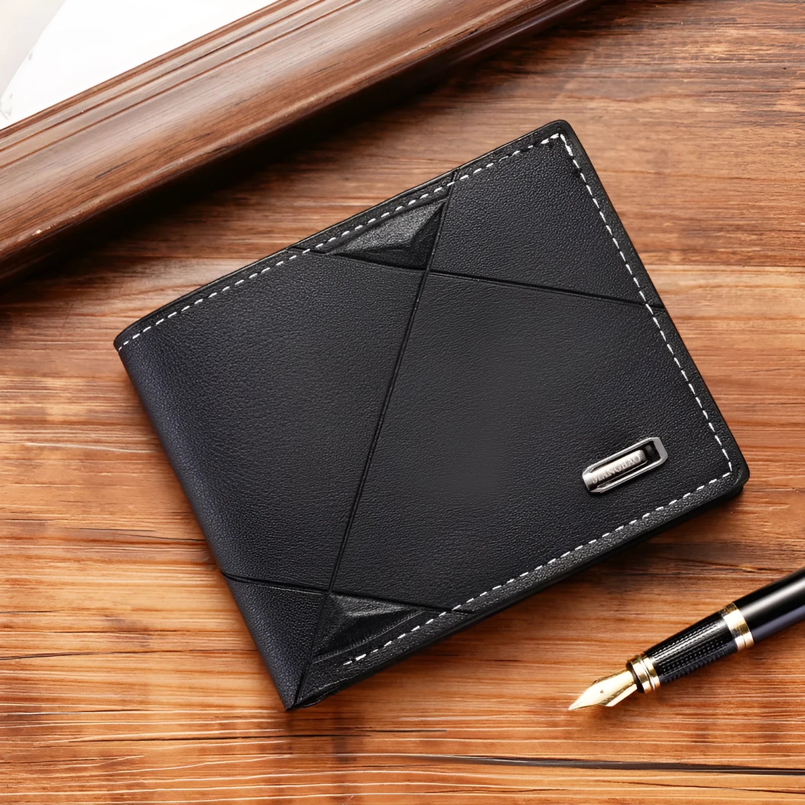 Men's thin three-fold horizontal wallet with multiple card slots in black colour