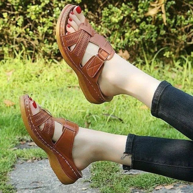 Women's wedge sandals with peep toe and Velcro closure in various colour options