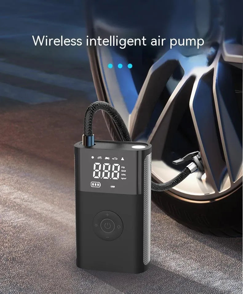 Wireless handheld digital air pump with pressure display and multiple nozzle attachments for tyres and inflatables
