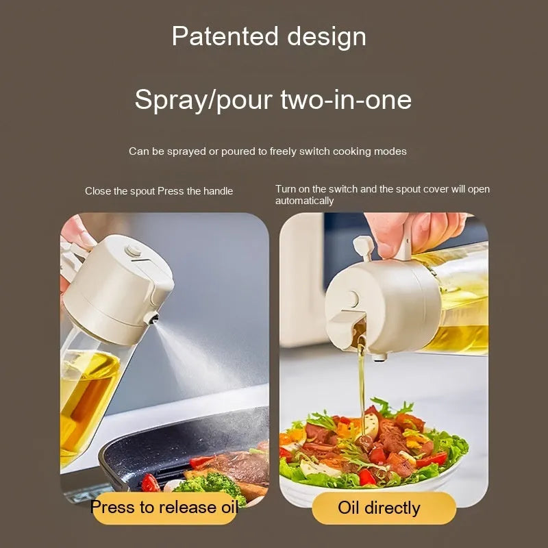 470ml glass oil sprayer dispenser with ergonomic handle in beige, black, green, or yellow colours