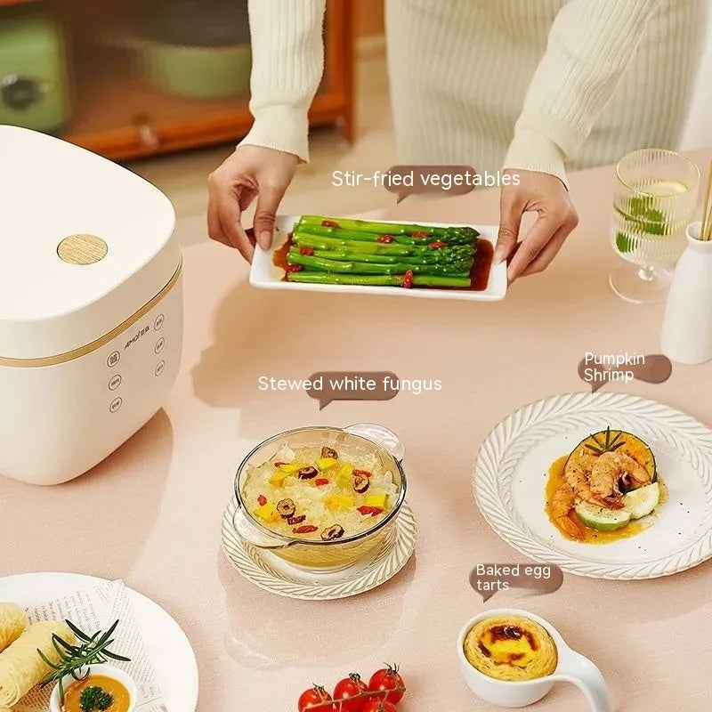 Beige or white 3L rice cooker with black crystal inner pot and six function controls
