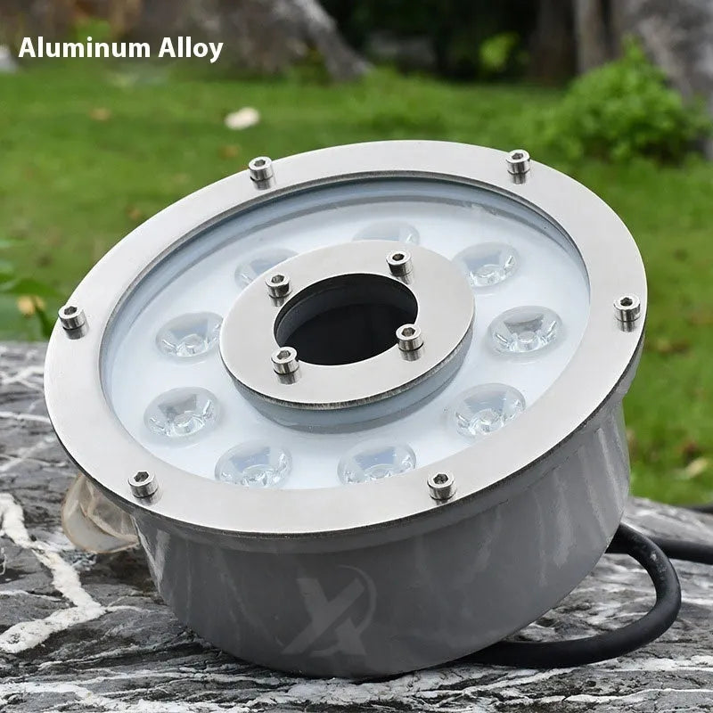 Aluminium alloy 12W underwater garden lamp showing warm white, pure white, and RGB lighting options