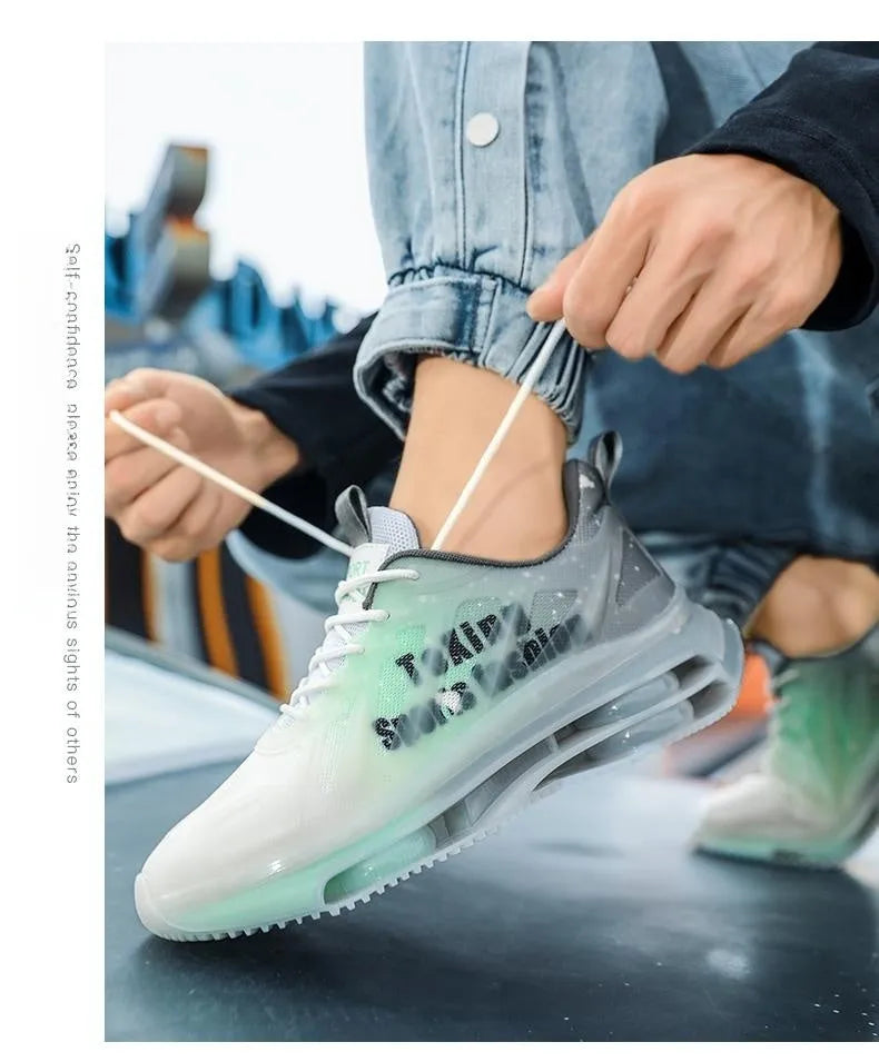 Men's black and green mesh platform sneakers with rubber sole and front lace-up design