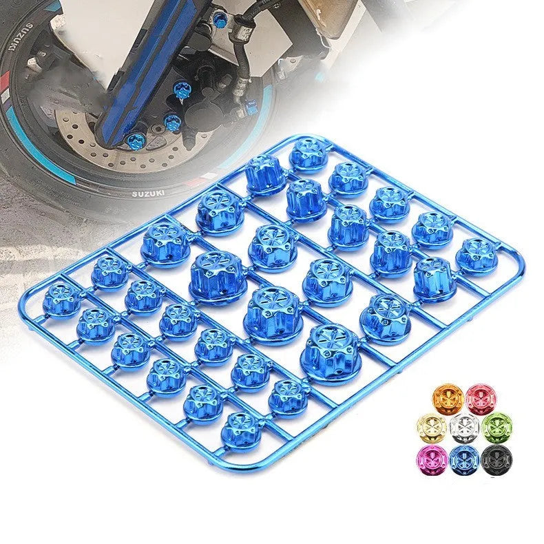 Set of 30 coloured ABS plastic screw caps for motorcycle bolt threads in eight colours.