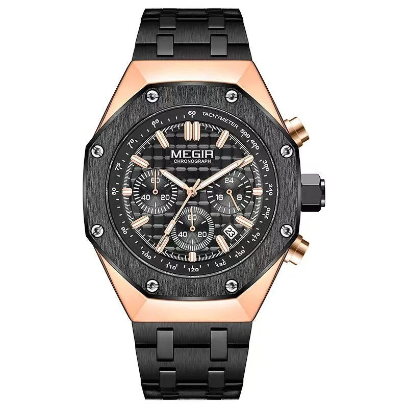 Multifunctional waterproof quartz men's watch with steel belt in three colour options