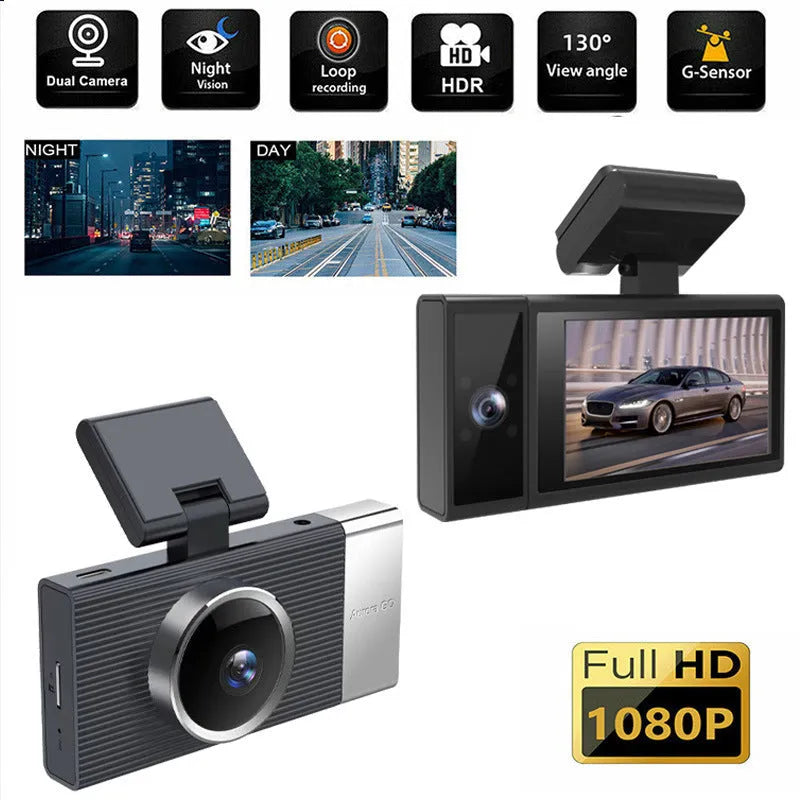 Wi-Fi enabled three-lens driving recorder with 3-inch screen and push-button controls