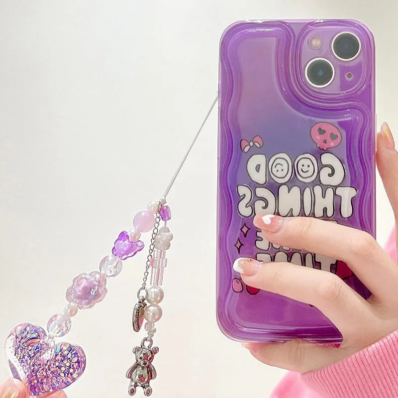 Purple graffiti English love design iPhone case with attached chain bracelet and pendant