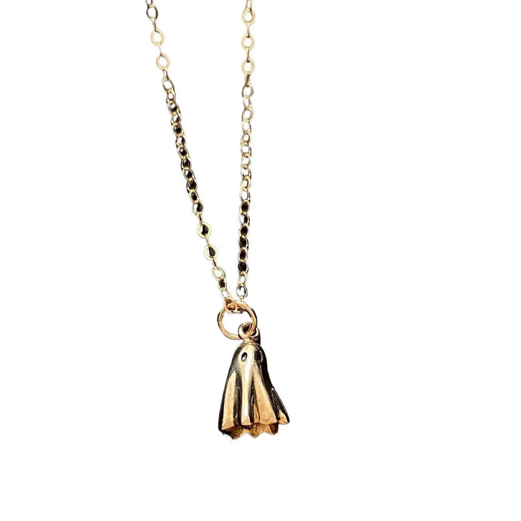 Ghost motif pendant necklace on a twisted stainless steel chain, available in Cable, Figaro, or Mini Staple chain styles.