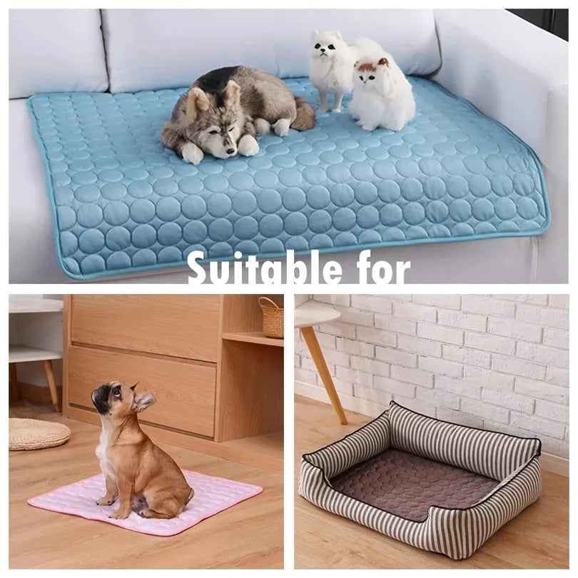 Extra large dog cooling mat in gray with breathable mesh surface for summer pet heat relief on a sofa