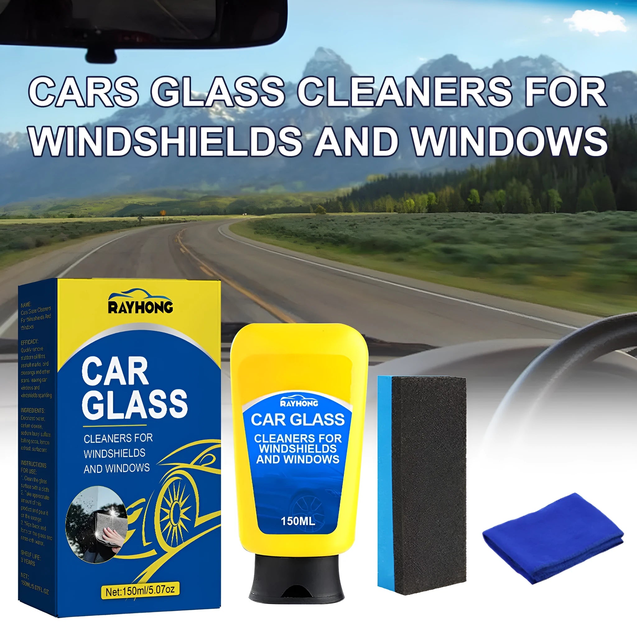 150ml windscreen cleaner kit with spray bottle, sponge, and microfibre cloth for automotive glass cleaning