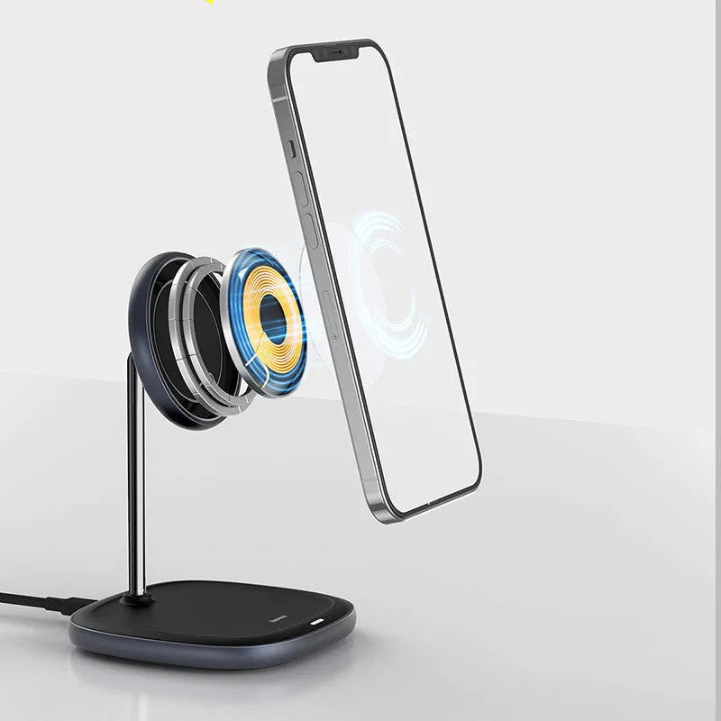 Black magnetic wireless charging stand for Apple iPhone 12 series with device attached at viewing angle