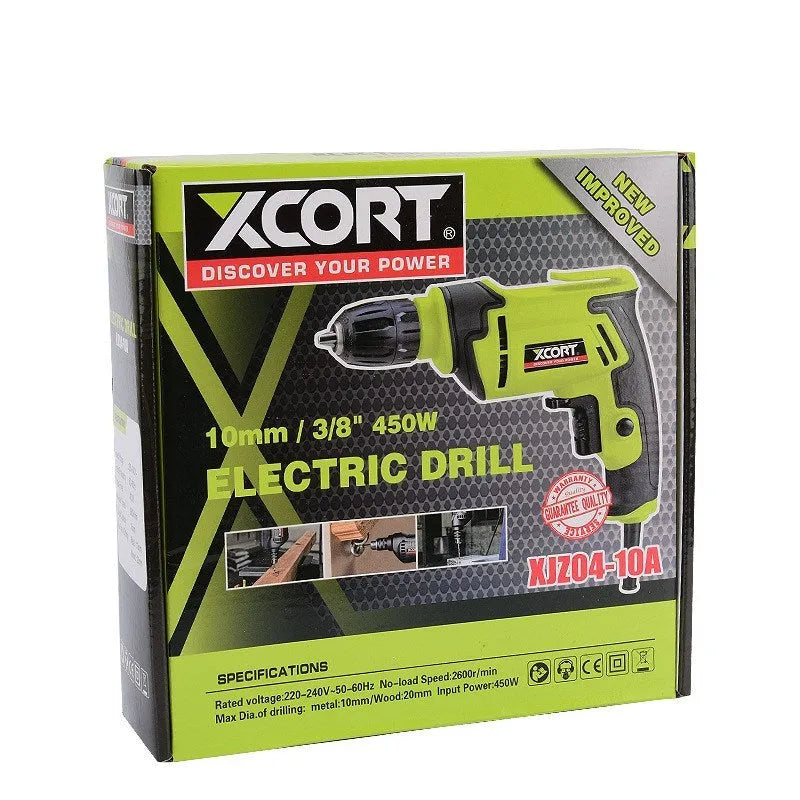 450W pistol-grip electric drill with keyed chuck on a workbench.