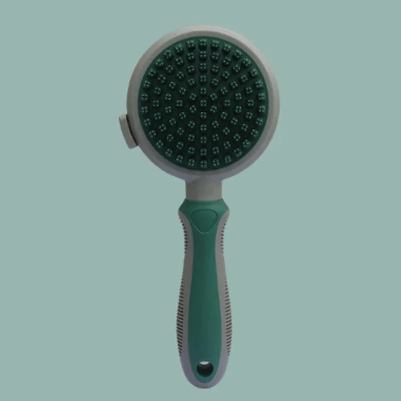 Green and pink two-sided pet grooming brush with retractable slicker and silicone massager
