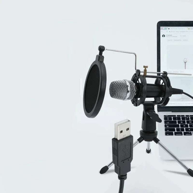 Black condenser microphone with aluminium stand for mobile streaming and live broadcast