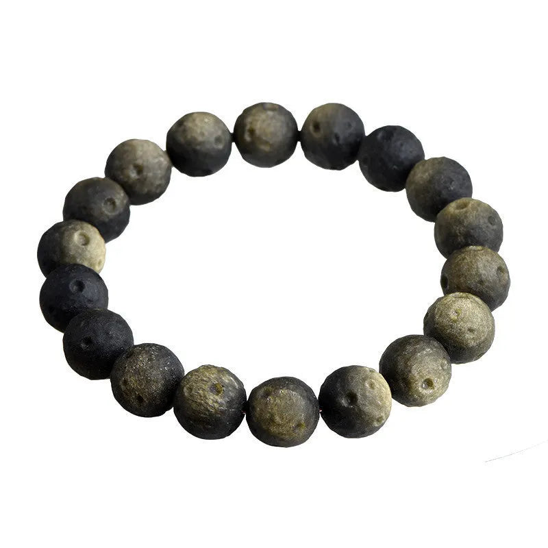 Natural obsidian crater ball bracelet with textured beads in silver or gold meteorite finish
