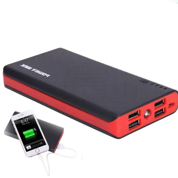 A red 20,000mAh portable power bank with USB port, showing its compact size.