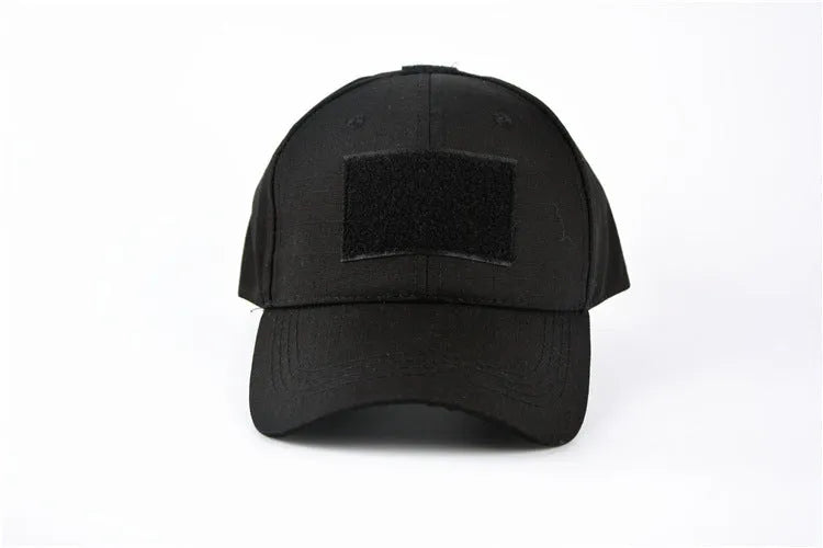 Cotton twill baseball cap with Velcro front panel and embroidered letter pattern in Black