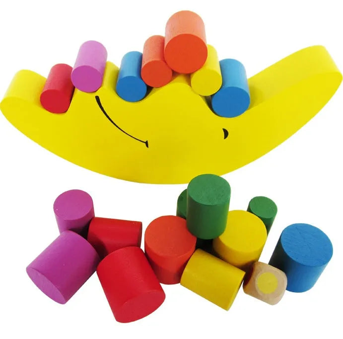 Blue and yellow wooden moon balance game toy for children aged 2-4 years