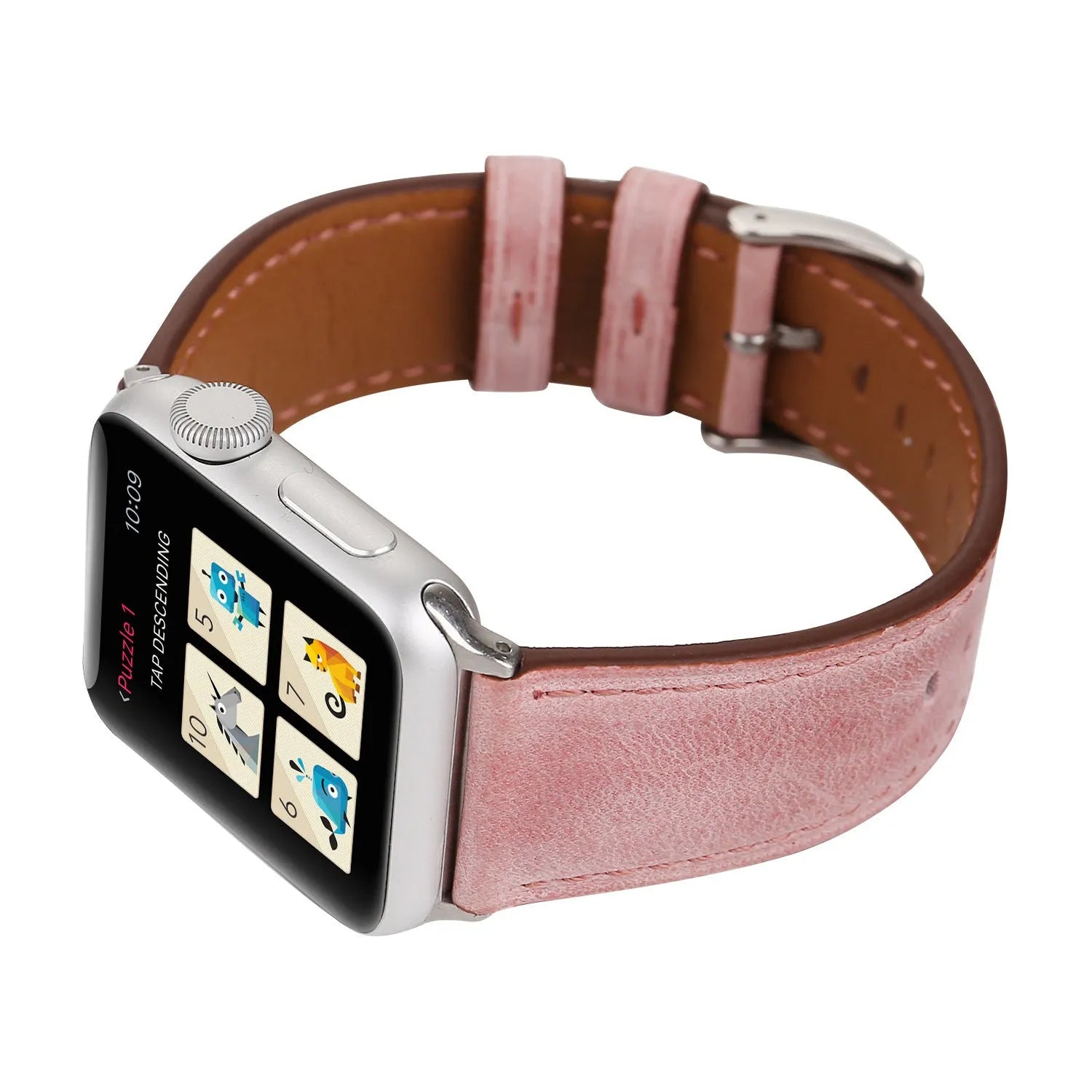 Blue leather watch strap with a silver folding buckle on a 42mm width setting.