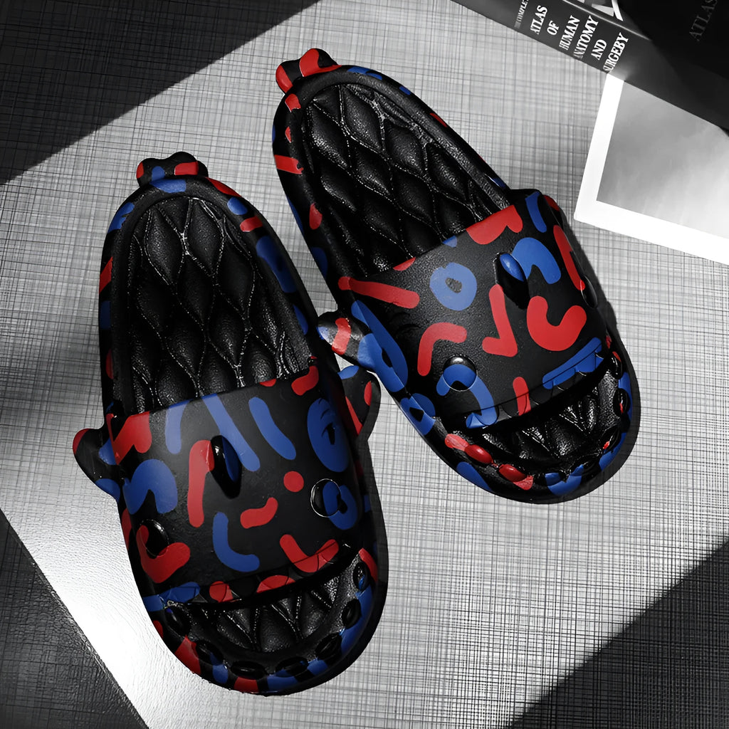 Shark design open-toe EVA slippers in various colours on a white background