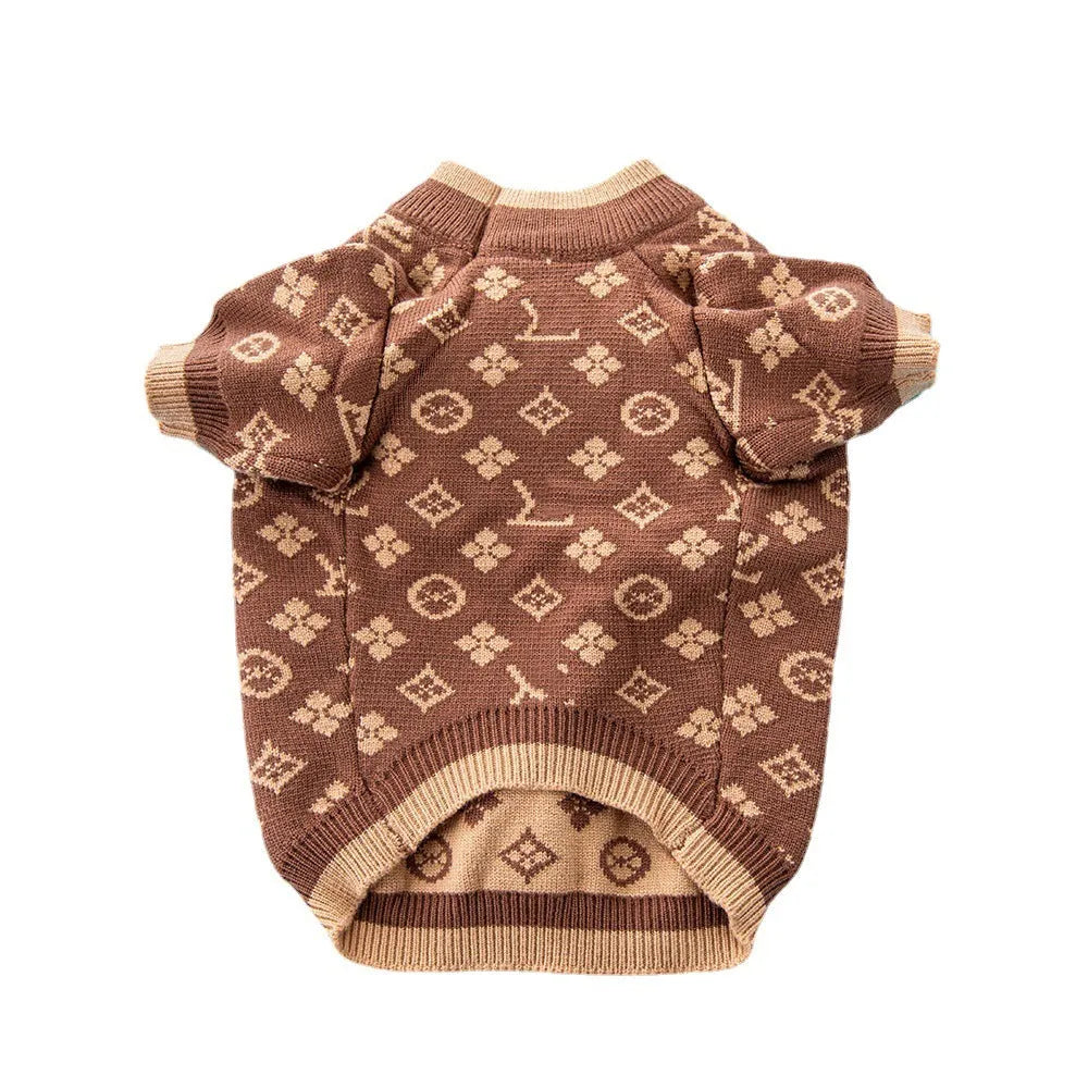 A thick knitted wool dog sweater shown in a two-tone colour, sized for a small breed.