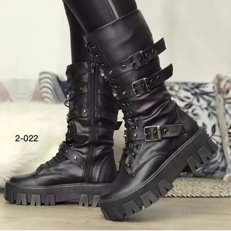 Black women's mid-calf knight boots with metal buckle straps and a side zipper.