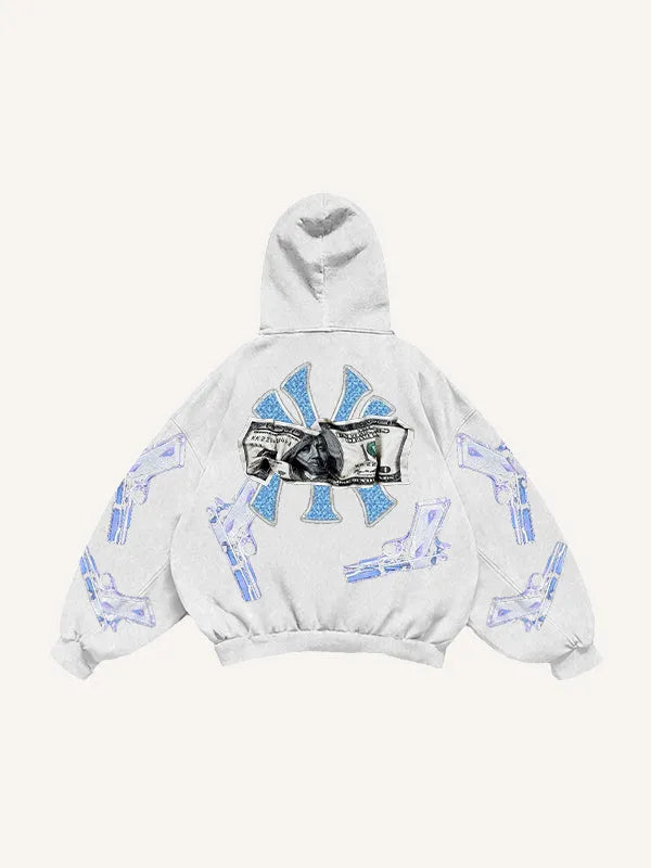 Printed polyester sweater in black, blue, pink, or white, sizes XS to 3XL