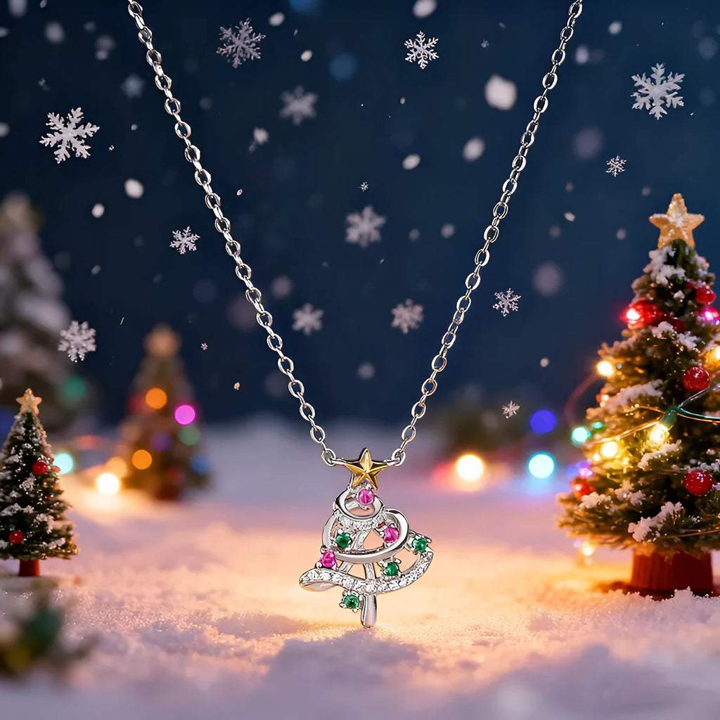 Two-tone copper inlaid zircon Christmas tree necklace with star and geometric snowflake pendant, O-ring chain