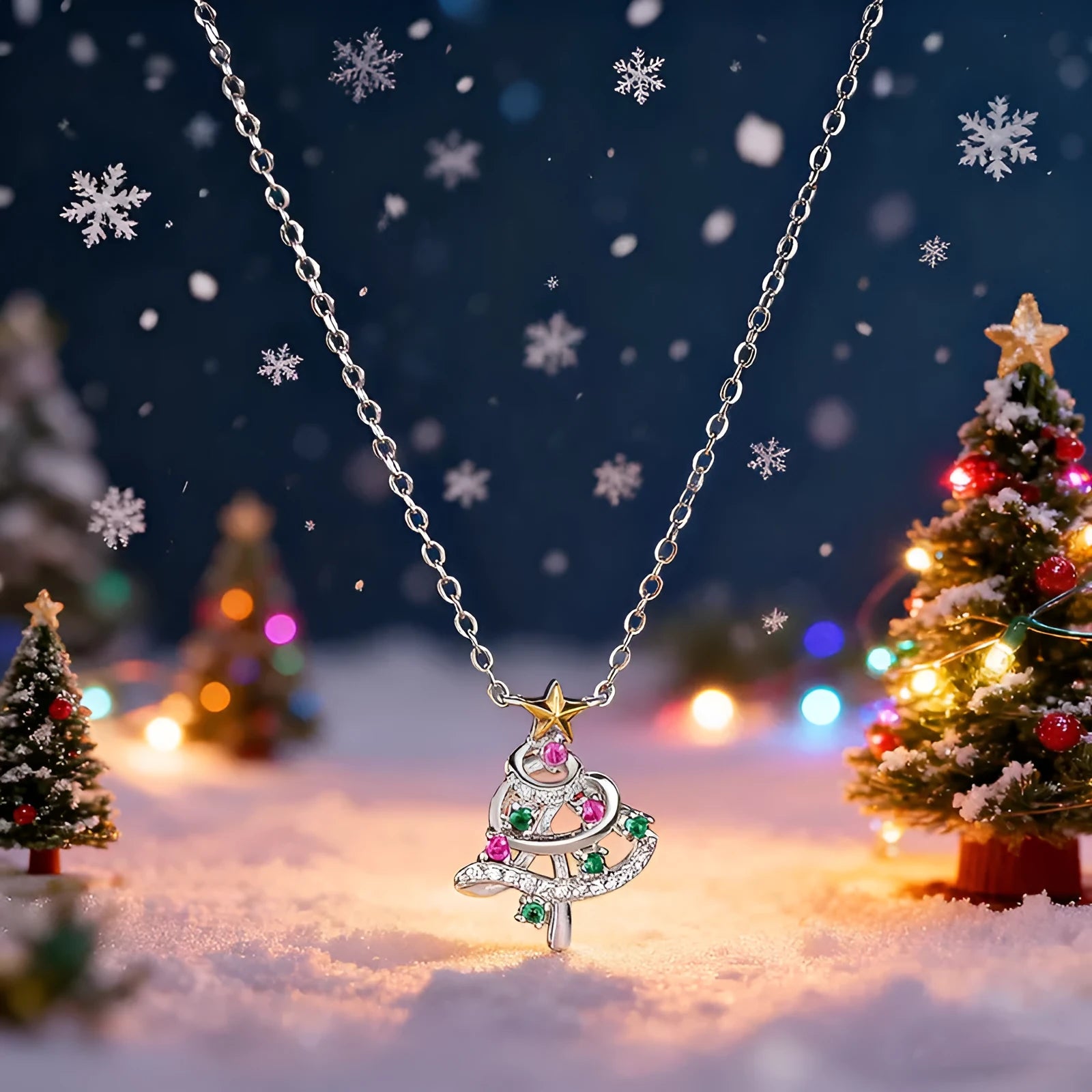 Two-tone copper inlaid zircon Christmas tree necklace with star and geometric snowflake pendant, O-ring chain