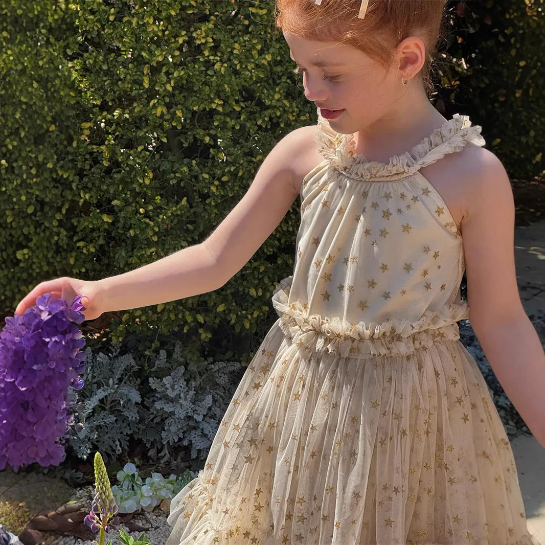 Summer girls sleeveless halter tulle skirt dress in solid apricot colour