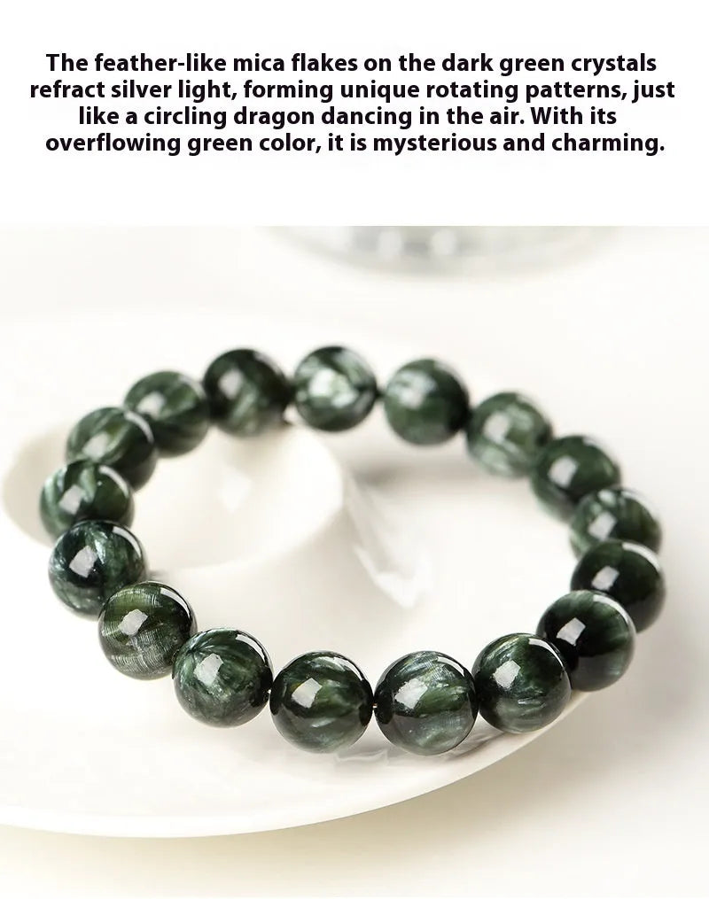 Green Dragon Crystal bracelet with 8-9mm round beads and Ruyi design element.