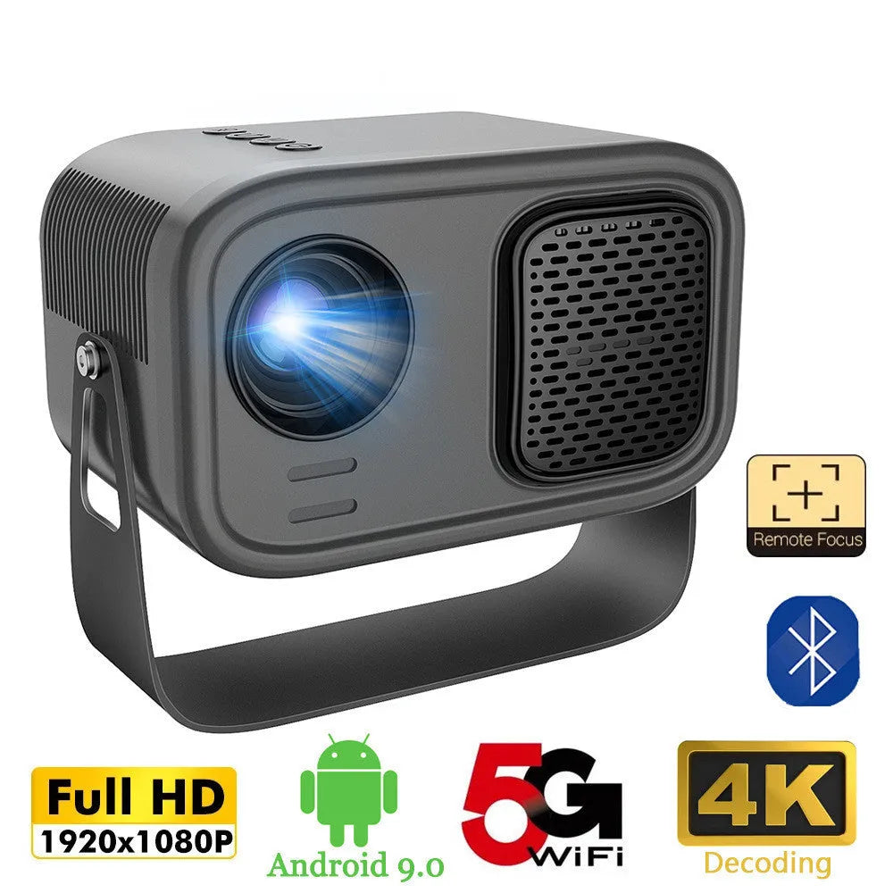 Black portable HD projector with Android system showing presentation on wall