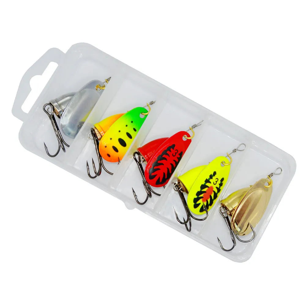 Copper bell fishing lure with rotating sequins in seven colour variations showing gold, red, silver, rose gold, yellow, yellow green, and gold mesh finishes
