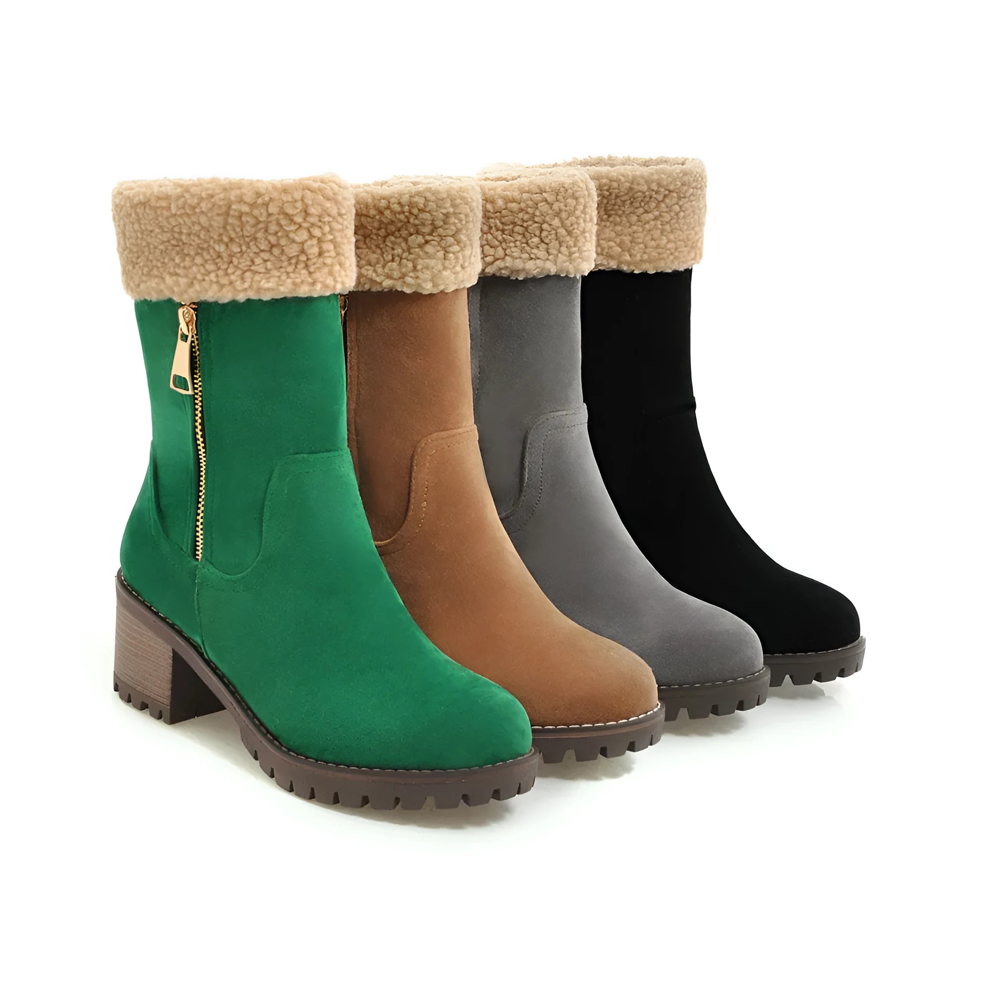 Snow boots with a plush lining and rubber insole in black, grey, green, and orange