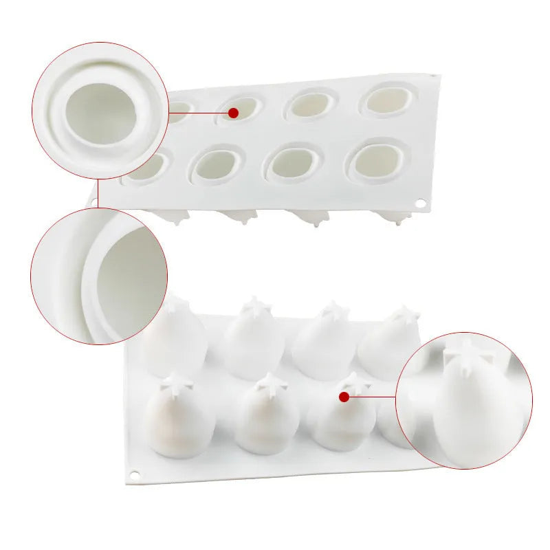 Six-cavity silicone baking mould with pineapple and pine cone fruit designs for mousse desserts
